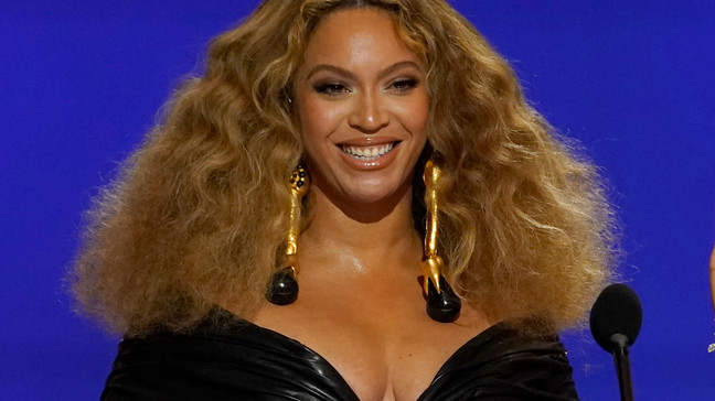 FILE - Beyoncé appears at the 63rd annual Grammy Awards in Los Angeles on March 14, 2021. (AP Photo/Chris Pizzello, File)
